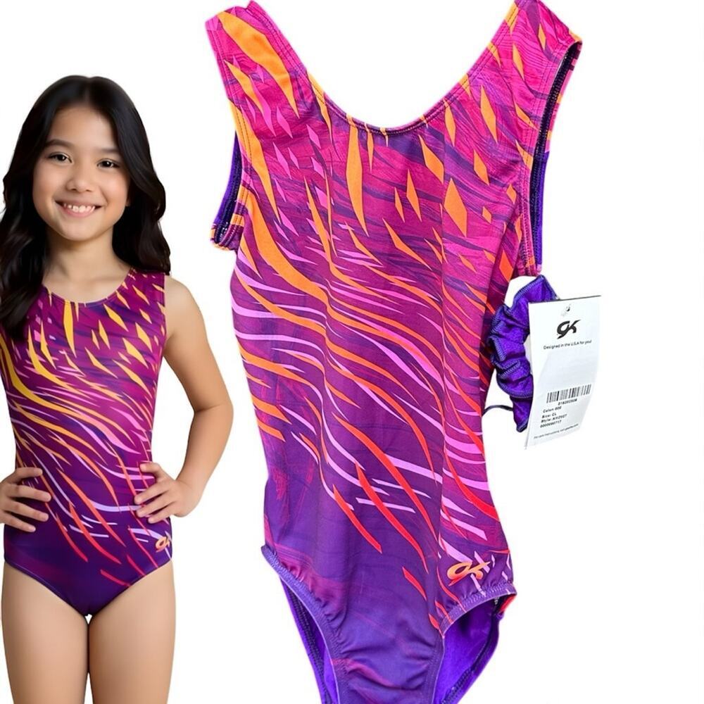 GK ELITE NWT Gymnastics Leotard ROYAL JESTER Show Stopper Purple Orange Child L